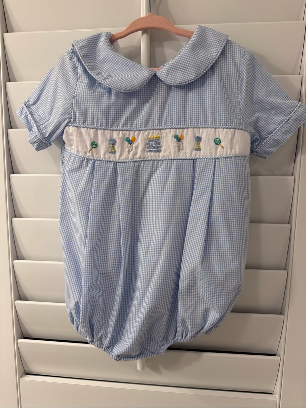 Smockingbird Gingham Smocked birthday One-Piece with Peter Pan Collar